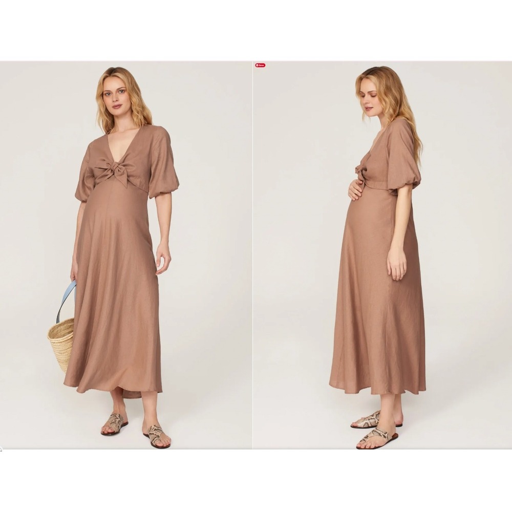 Ripe Maternity Camille Tie Front Linen Midi Dress Clay Women's XS‎ Puff Sleeve